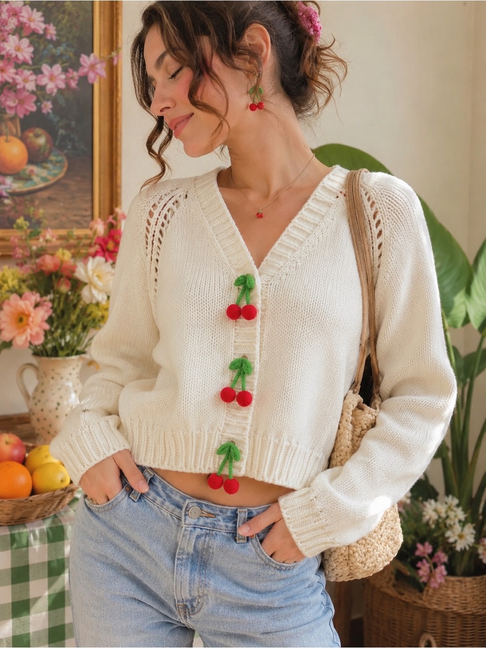 Sincerly Jules Cream Knit Cardigan with Red Cherry Buttons